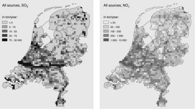 Figure 4.2:  The emission densities of acidifying compounds to air in the Netherlands in 1998 per 5*5km grid  elements expressed in tons per year (VROM/HIMH 2001)