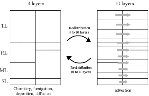 Figure 3.1 Vertical structure used for advection (right) and for the other processes.