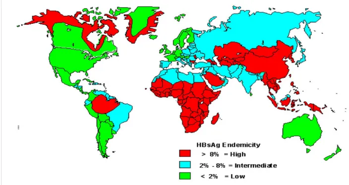 Figuur 1: Geografische verdeling van hepatitis B prevalentie, 1997