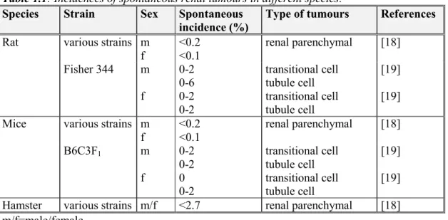 Table 1.1: Incidences of spontaneous renal tumours in different species: