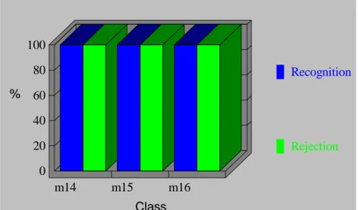 Figure 4. Diagnostic report: M14 (paracetamol crystalline), M15 (paracetamol 180 µm) and M16 (paracetamol 45 µm) RecognitionRejectionClass%020406080100m14m15m16