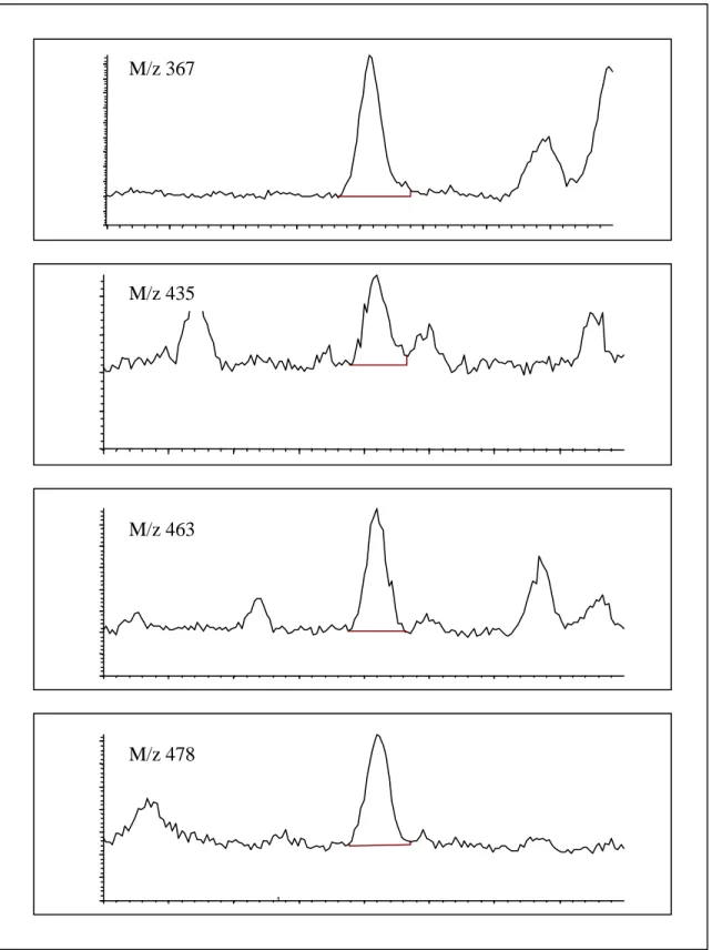 Figuur 2: Chromatogrammen voor de vier diagnostische ionen  gemeten voor methylboldenon (retentietijd 11,06 minuut), matrix rundvlees (0,5  µg/kg).