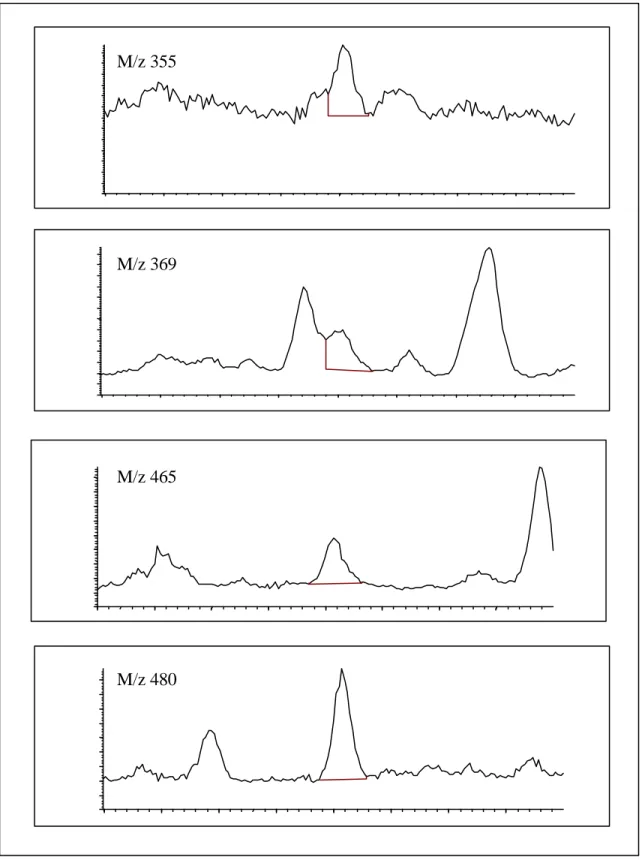 Figuur 3: Chromatogrammen voor de vier diagnostische ionen gemeten voor methyltestosteron (retentietijd 11,20 minuut), matrix rundvlees (0,5  µg/kg).