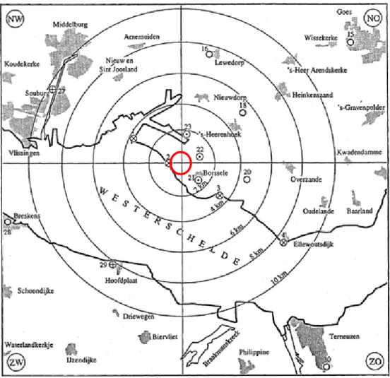 Fig. 2 Surroundings of the Borssele nuclear power plant (in red circle). The  numbers on the map refer to sampling locations