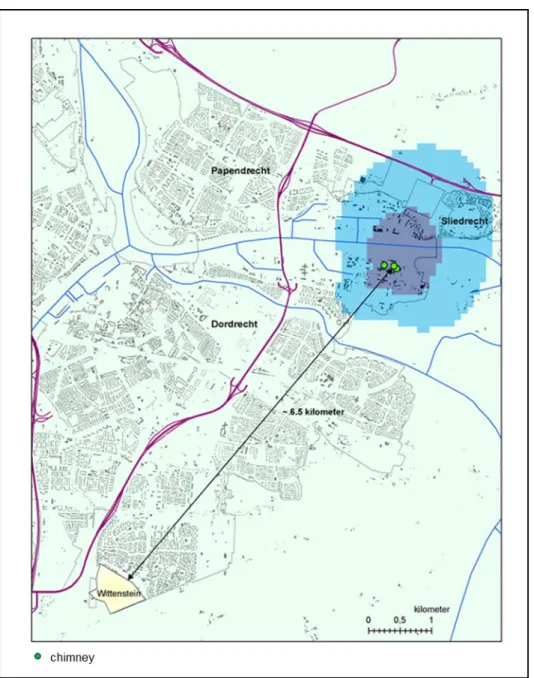 Figure 3 Overview map of the research area around DuPont in Dordrecht and the  control area
