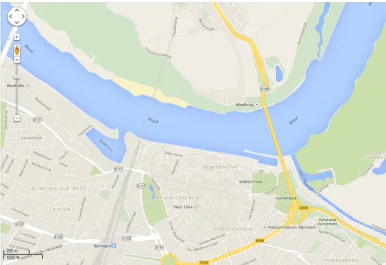 Figuur 3.1 Google-maps weergave van de waal langs de bebouwde kom van  Nijmegen 