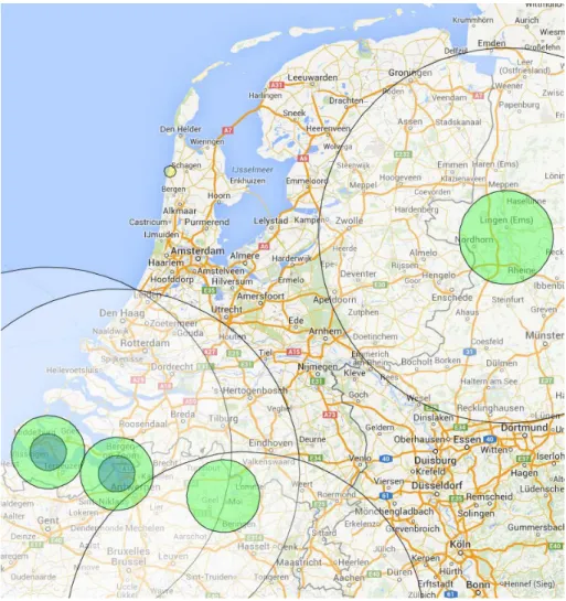 Figuur 3 In 2014 aangepaste preparatiezones voor stralingsongevallen met  binnenlandse en buitenlandse kernreactoren, voor zover deze zones in  Nederland van toepassing kunnen zijn 