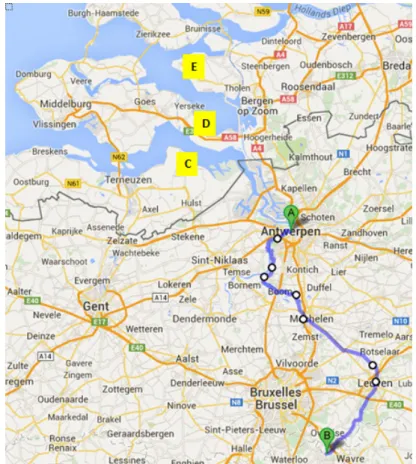 Figure 1: Map of part of Belgium and the Netherlands. A= Antwerpen,  Belgium, B = GSK, Rixensart, Belgium, C = mussels sampling site,  Kloosterzande, the Netherlands, D = sewage sampling site 