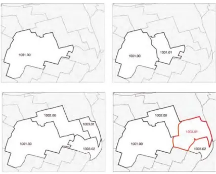 Figuur 2. Verschuiving en nieuwvorming van postcodegebieden tijdens de  onderzoeksperiode in de Leidsche Rijn, Vinex-locatie aan de rand van Utrecht