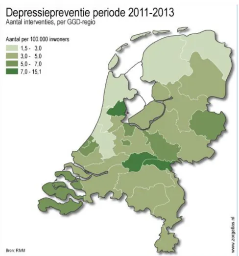 Figuur 3.1.2: aanbod depressiepreventie per 100.000 inwoners per GGD-regio  (zonder e-health, n=732 interventies totaal) 