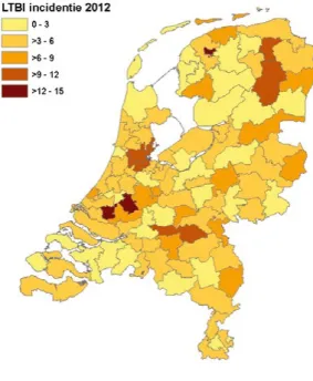 Figuur 15 Aantal preventief behandelde LTBI’s per 100.000 inwoners in 2012 naar postcodegebied