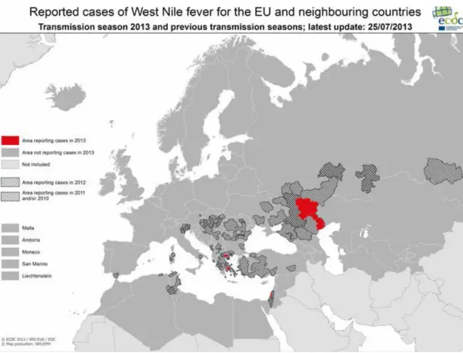 Figure 2.4  Reported cases of West Nile fever for the EU and neighbouring countries (source: ECDC).