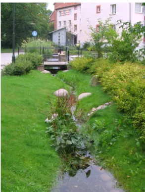 Figure 1.1: A combination of green space and water storage in the neighbour- neighbour-hood Augustenborg in Malmö, Sweden