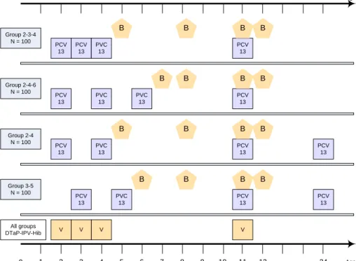 Figure 1. Overview of vaccination and blood sampling time points for the four  different vaccination schedules 