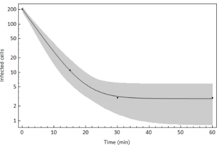 Figure 3 Inactivation curve for HEV, based on data from Emerson et al. (2005)  These experiments showed, for HEV GT1 strain, that the initial infectivity decay  is large, but is minimal during the second phase