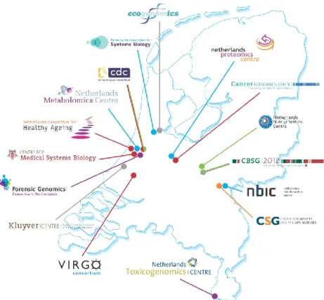 Figuur 2. De 16 centra van het Netherlands Genomics Initiative  (www.genomics.nl) 