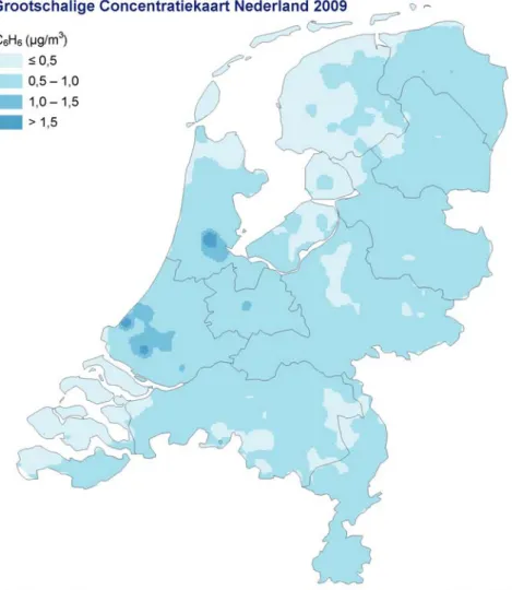 Figuur 1 toont de “Grootschalige Concentratiekaart Nederland” (GCN) van  benzeen voor het jaar 2009