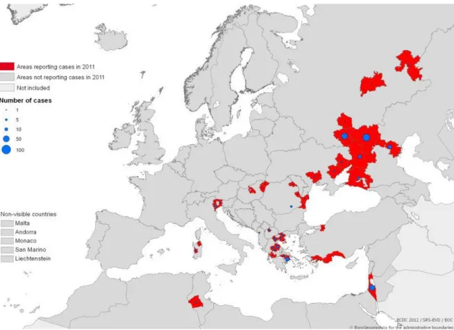 Figuur 2.3 West-Nijlvirusgevallen in Europa in 2011 (bron: ECDC).