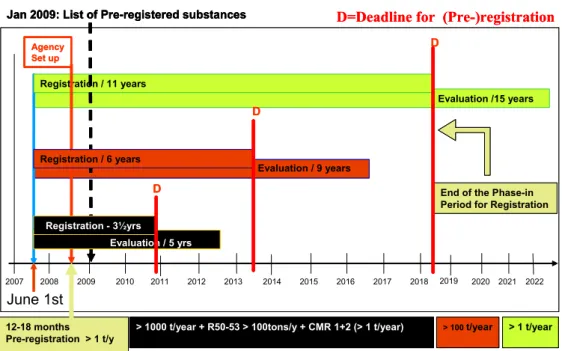 Figure 4. Deadlines according to REACH Regulation, for pre-registration and  registration of substances with various ranges of tonnage and hazardous  properties 