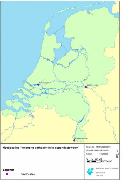 Figure 1 Sampling locations (‘meetlocaties’) the Meuse at Eijsden,  the Rhine at Lobith and the New Meuse at Brienenoord