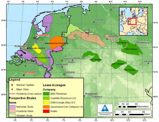 Figuur 2. Schaliegasvoorraden in Nederland en exploratiegebieden (bron: US  Information Energy Administration, 2011) 