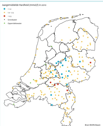 Figuur 2.8 Laagste meetwaarde van de Saturatie Index in reinwater Figuur 2.9 Jaargemiddelde voor de hardheid van reinwater