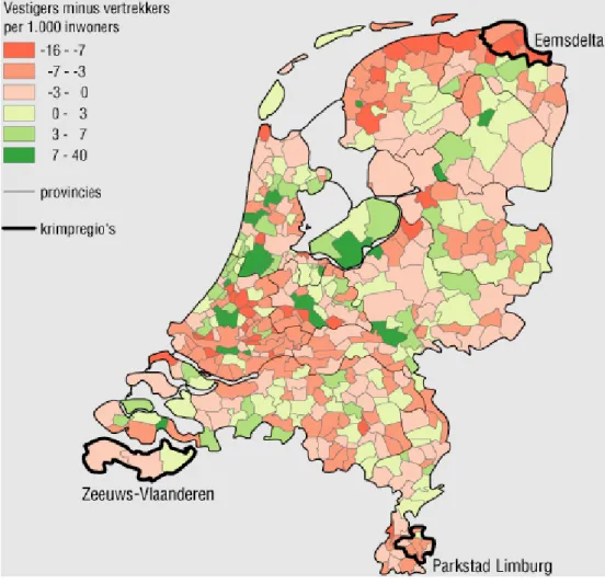 Figuur 7: Migratiesaldo (vestigers minus vertrekkers per 1000 inwoners) per  gemeente, 2005-2009 (Bron: CBS Bevolkingsstatistiek, bewerkt door het RIVM,  zie ook: www.zorgatlas.nl)