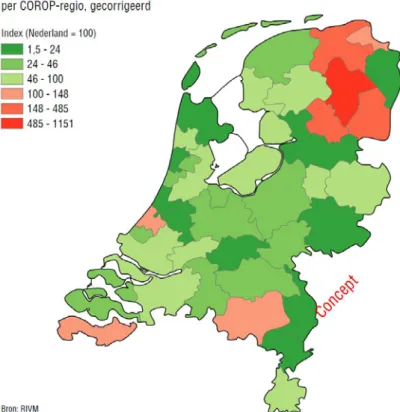 Figuur B3 Voorbeeld indexweergave regionale verschillen in gedeclareerde  kosten DBC’s schizofrenie, gestandaardiseerd voor verschillen in leeftijds- en  geslachtsopbouw per regio