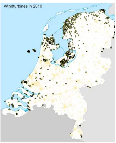 Figuur 1 Windturbines (2010)  in Nederland en net over de grens. 