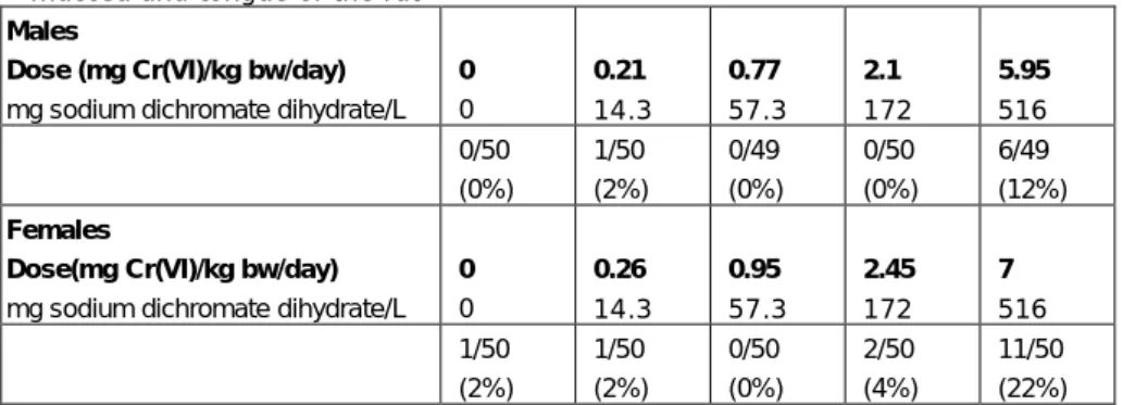 Table 1 Incidences of squamous cell papilloma and squamous cell carcinoma in oral  mucosa and tongue of the rat 