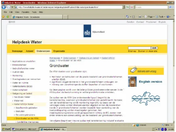 Figuur 5.1. Screendump van de KRW – grondwater hoofdpagina op de website van de Helpdesk Water