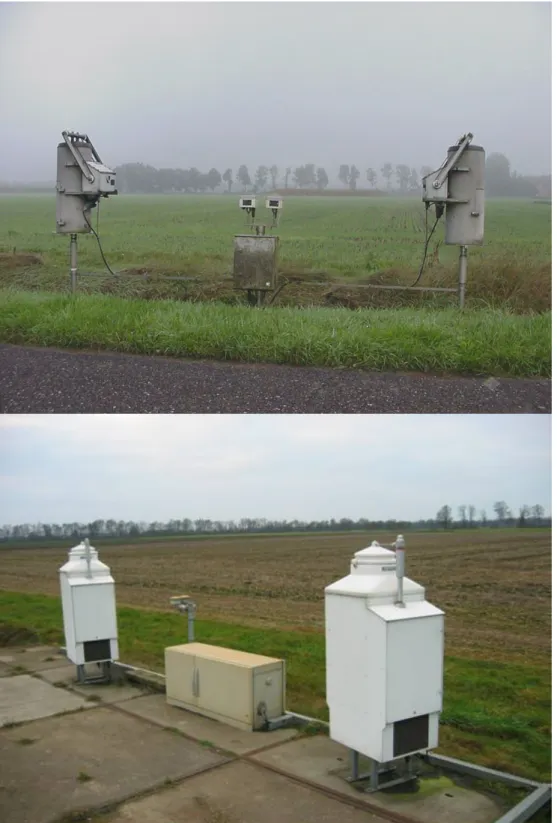 Figure 3 The setting up of the wet-only samplers of the Dutch National Air Quality Monitoring Network for  Precipitation in Vredepeel (131) with the old samplers (top panel) and the new samplers (bottom panel) 