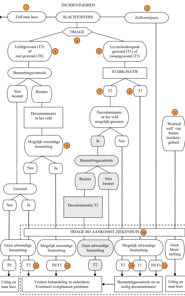 Figuur 2. Opvang van slachtoffers na een incident met een vuile bom SLACHTOFFERS TRIAGE Levensbedreigend gewond (T1) of  zwaargewond (T2) Lichtgewond (T3)  of niet gewond (T0) STABILISATIE T2 Ja Besmettingscontrole Niet  besmet Besmet Decontaminatie T2 Bes