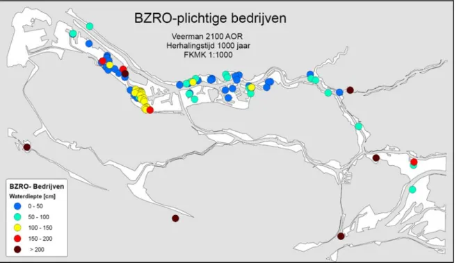 Figuur 3. Voorspelde waterdieptes op het terrein van de BZRO-plichtige bedrijven in de buitendijkse gebieden  bij uitvoering van het plan Afsluitbaar Open Rijnmond uitgaande van het Veerman-scenario in 2100 bij een  herhalingstijd van 1000 jaar en een faal