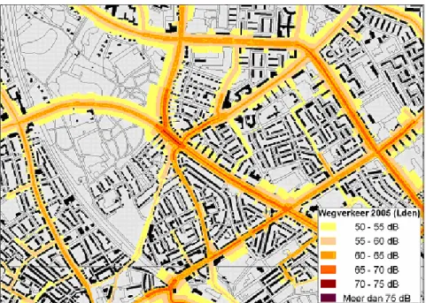Figuur 5: De weergave van geluid langs wegen in klassen van 5 dB. 