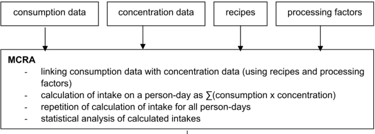 Figure 2.   Scheme for the estimation of dietary exposure assessment by MCRA. Three steps can be  distinguished: acquiring consumption data and concentration data, the linking of 