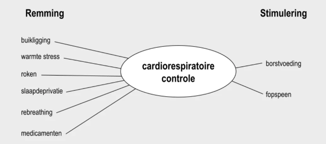 Figuur 2. Schematische weergave van remmende en stimulerende invloeden op de “arousal” van  het cardiorespiratoire centrum.