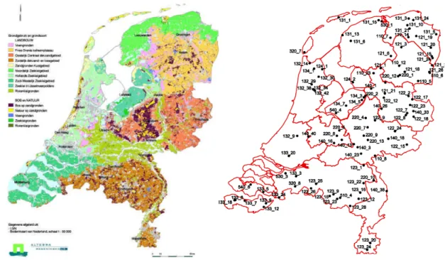 Figure 3.1: The soil lithology in the Netherlands, indicated with different colours (left panel) and the  random selected soil locations for AW2000, indicated with numbers (right panel) (adapted from the  AW2000 report, Figures 1 and 2, AW2000, 2004)