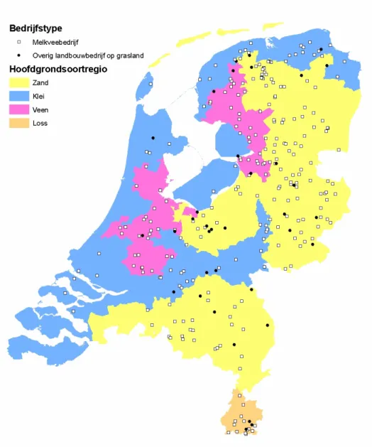 Figuur 2.1 Ligging van de in 2007 bemonsterde 295 graslandbedrijven deelnemende aan de waterbemonstering  ten behoeve van het derogatiemeetnet