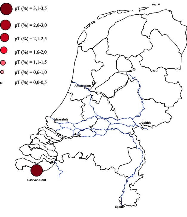 figuur is af te lezen dat het oppervlaktewater uit Sas van Gent het meest toxisch is (pT is 3,1%)