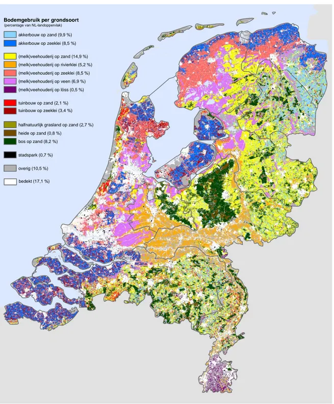 Figuur 2: Bodemgebruik en grondsoorten van Nederland  akkerbouw op zand (9,9 %) akkerbouw op zeeklei (8,5 %) (melk)veehouderij op zand (14,9 %) (melk)veehouderij op rivierklei (5,2 %) (melk)veehouderij op zeeklei (8,5 %) (melk)veehouderij op veen (6,9 %) (