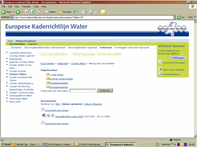 Figuur 3.1. Screendump van de werkgroep grondwater map op het Virtueel Kantoor  (http://www.kaderrichtlijnwater.nl/virtueel-kantoor/documenten/?folder=197) 