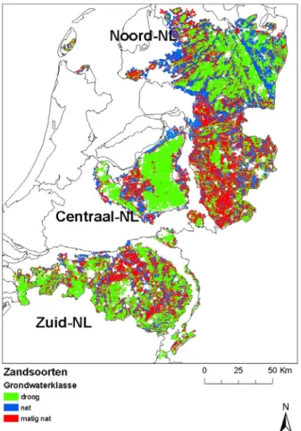 Figuur 1-1 Verdeling van de zandgebieden in Nederland in de zanddistricten (Noord-NL, Centraal-NL en Zuid- Zuid-NL) en de indeling in zandsoorten (droog, matig nat, nat)