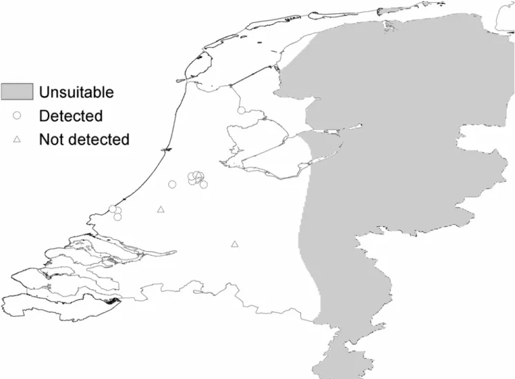Figuur 2.  Scenario B. Gebieden in Nederland geschikt voor vestiging van Ae. albopictus uitgaande van een succesvolle overwintering van diapauze eitjes bij  temperaturen van 1 °C en hoger en bij hoeveelheden neerslag van 600 mm en hoger
