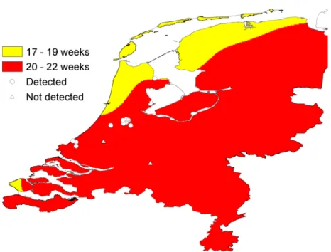 Figuur 4.  Voorspelde duur (in weken) van actieve periode voor volwassen Ae. albopictus voor verschillende gebieden in Nederland uitgaande van  overwintering zoals gemodelleerd met scenario A (0 °C, 500 mm neerslag)