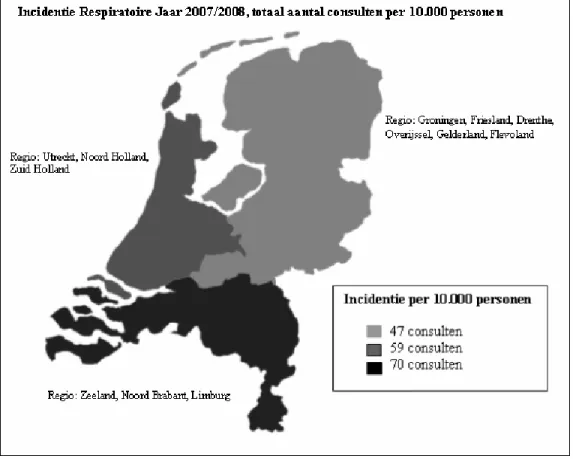 Figuur 4.1  Incidentie van huisartsconsulten wegens pneumonie per regio over week 18 in 2007 t/m week 18 in  2008 (bron: CMR peilstations, NIVEL)