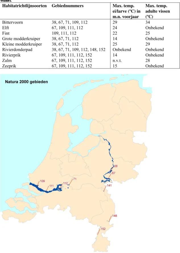 Tabel 3-2. Maximumtemperatuur voor vissen uit Natura 2000-gebieden, zowel voor ei-  en larvestadium als volwassen  vissen