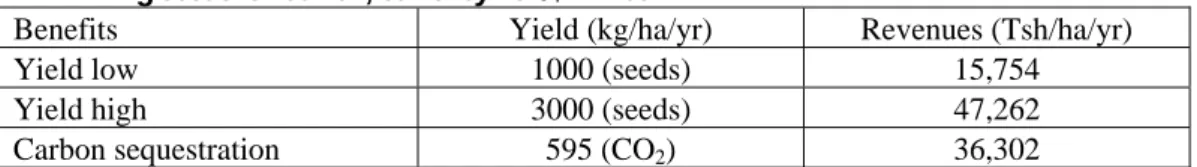 Table 7 Benefits per hectare; for CO 2  sequestration a spacing of 0.4 min the fence is assumed; price per  kg seeds is 200 Tsh; currency Tsh/$ = 1200  
