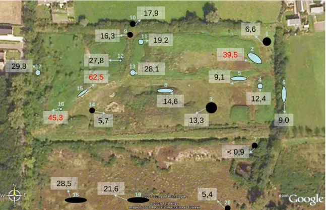 Figuur 1.1. Arseengehaltes gemeten met XRF van de bemonsterde locaties van het vooronderzoek  (kaart verkregen via Google Earth)