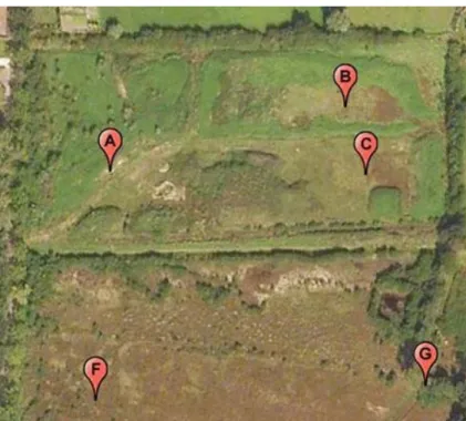 Figuur 1.2. Locaties die bemonsterd zijn in het onderzoek. A, B en C liggen op het depotterrein en F en  G op het natuurterrein het Vossenbroek (kaart aangepast van Google Earth)